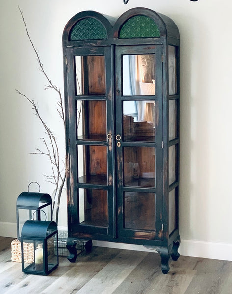 Double Arch Black Wood China Cabinet