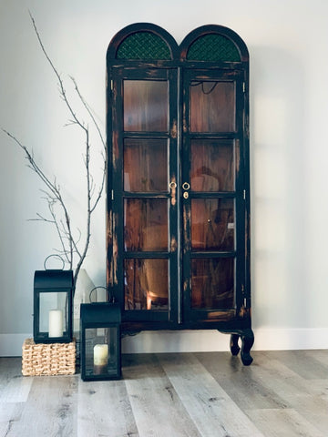 Double Arch Black Wood China Cabinet